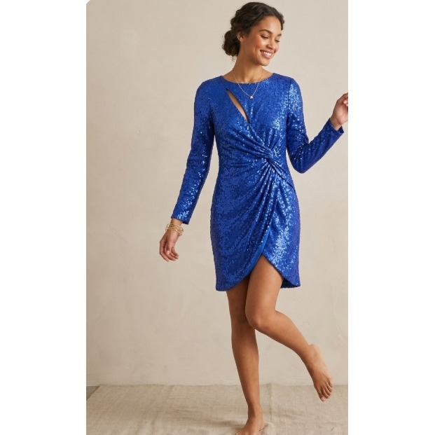 Tadashi Shoji Solsa Draped Sequin Long Sleeve Sheath Party Blue Dress Size Large